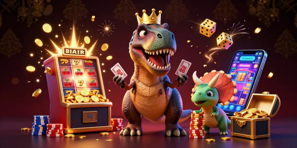 Kèo Nhà Cái reveals a fun scene with a T-Rex shuffling cards while a baby triceratops stacks chips.