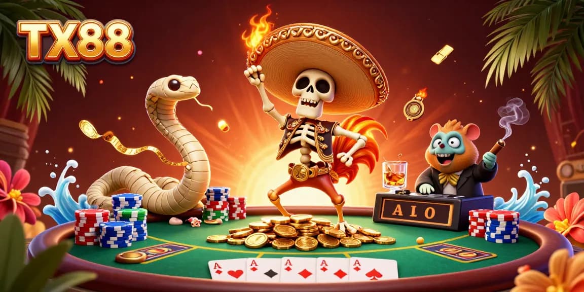 TX88 casino illustration featuring a dancing mariachi rooster and a DJ hamster in a vibrant scene