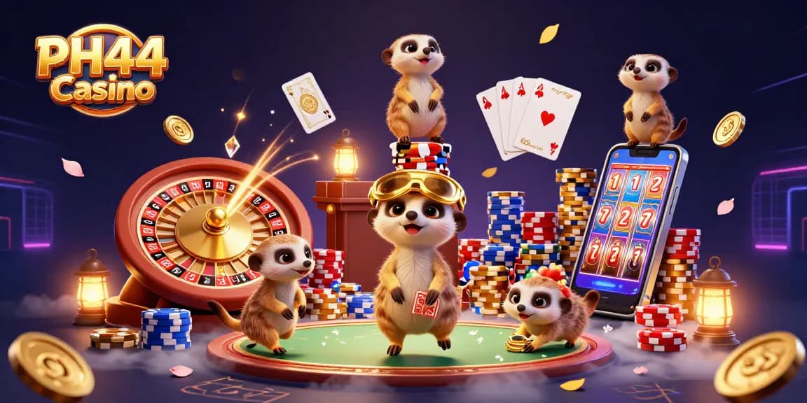 Engage with the vibrant PH44 Casino illustration showcasing meerkats in action amidst golden coins and cards.