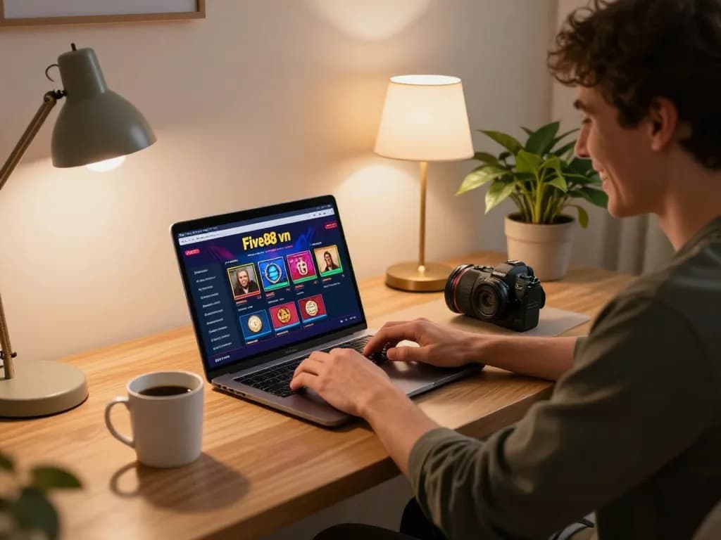 Enjoying online casino gaming on five88 vn from a cozy home office.