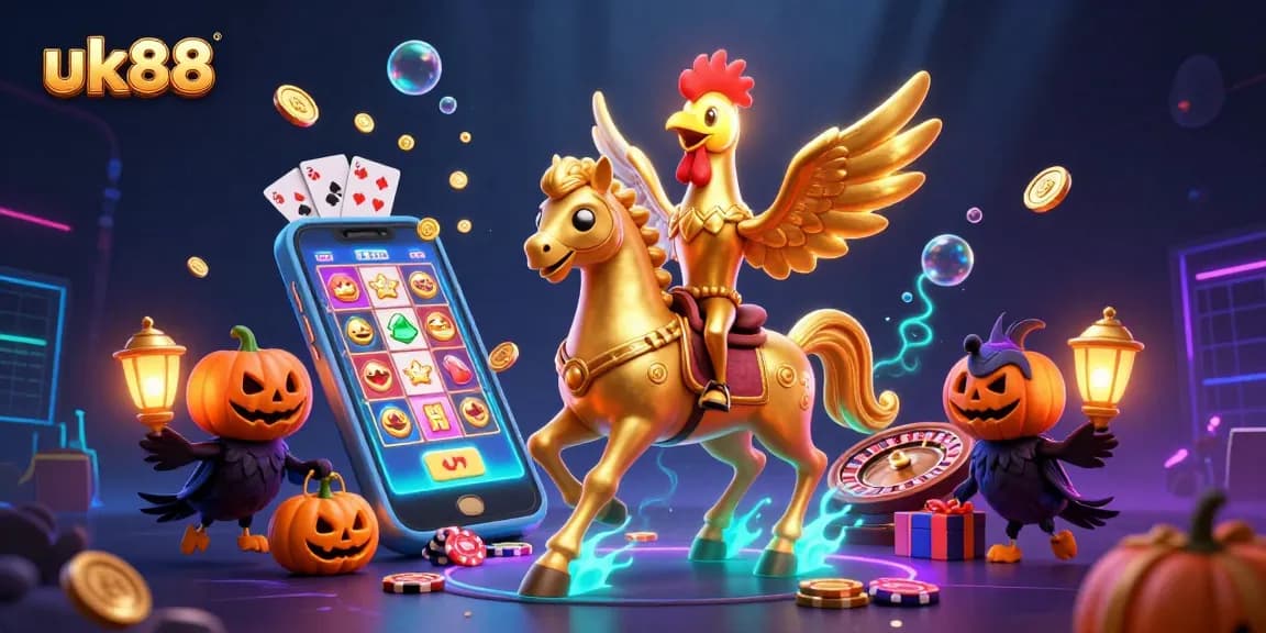 Play exciting casino games with uk88, featuring a colorful slot game scene and vibrant characters.