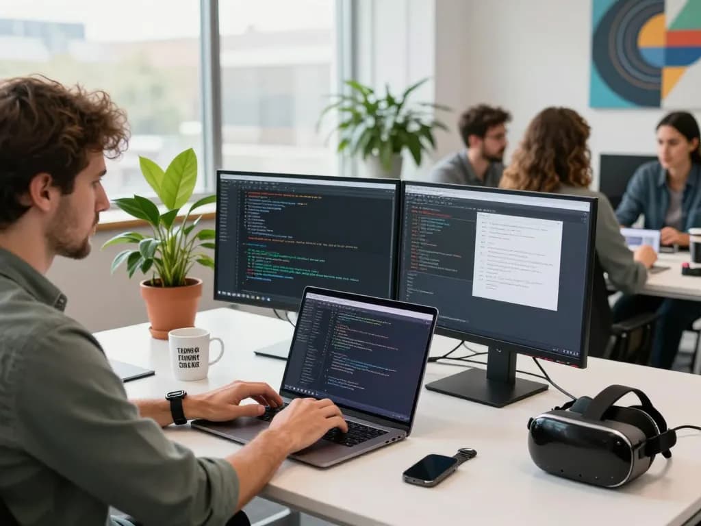 Software developer focused on coding in a modern workspace showcasing Go99 technology