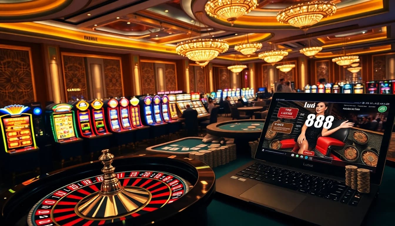 Experience the excitement of lu88 with engaging gambling visuals featuring tables and chips.