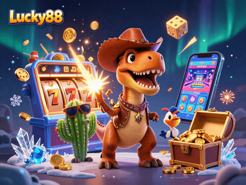 Spin the Lucky88 slot machine with thrilling jackpots alongside a heroic dinosaur and friends!