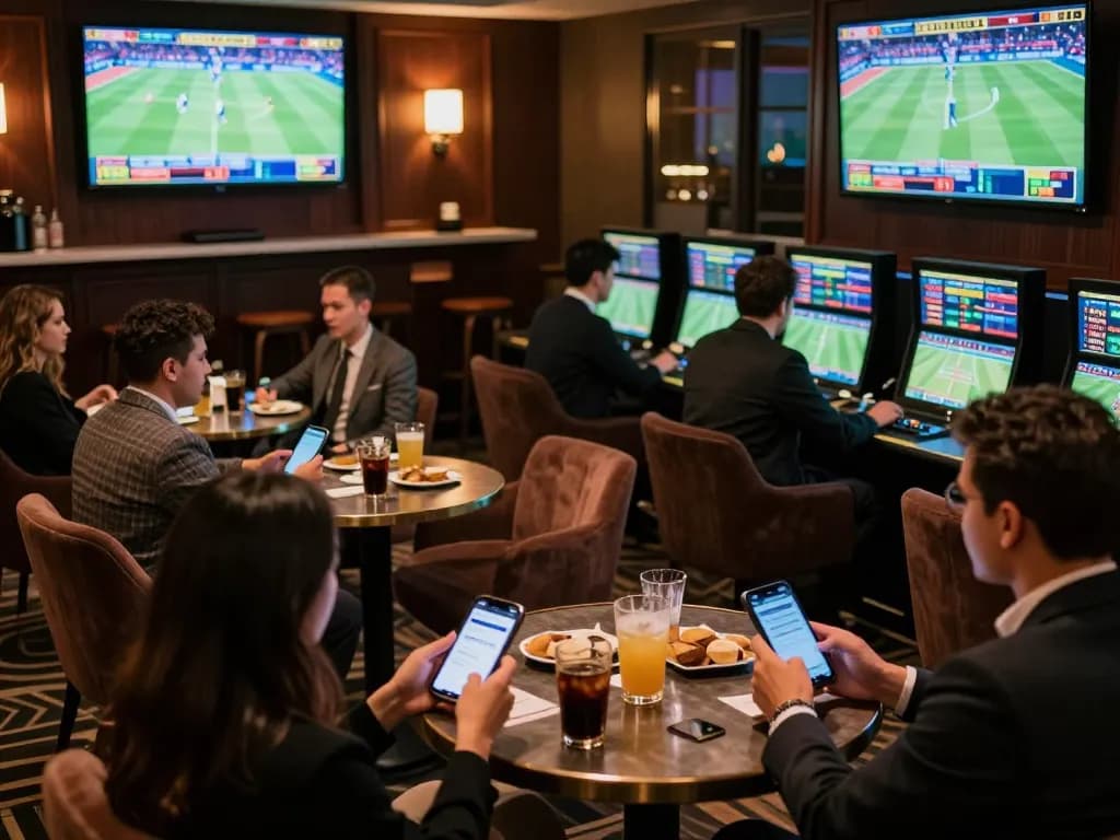 hm88 bettors engaging dynamically in sports betting at an upscale lounge, vibrant atmosphere with screens