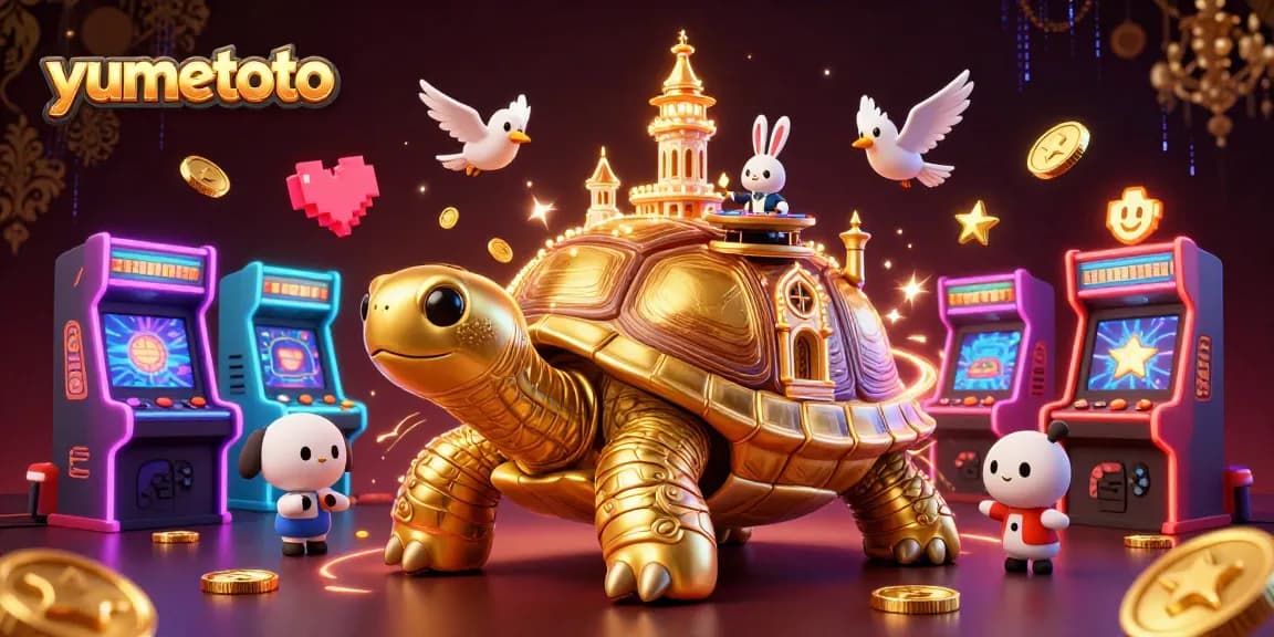 Experience yumetoto's exciting games with a vibrant 3D illustration featuring casino characters and elements.