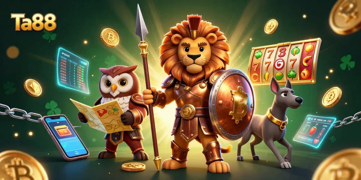 Engage in thrilling slot action with Ta88 showcasing a lion hero, owl strategist, and greyhound messenger.