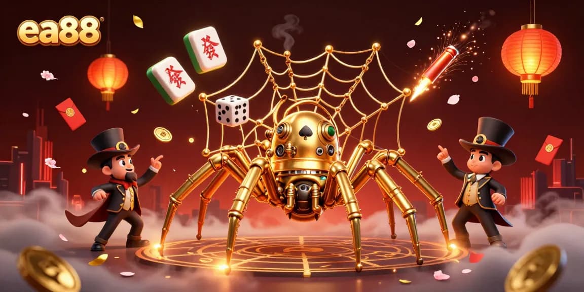 ea88 captures epic gambling excitement with a steampunk spider web of golden chips and dice.