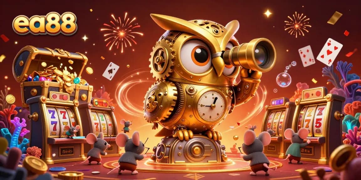 Experience exciting gameplay at ea88 with a dazzling golden owl perched over slot machines surrounded by treasures.