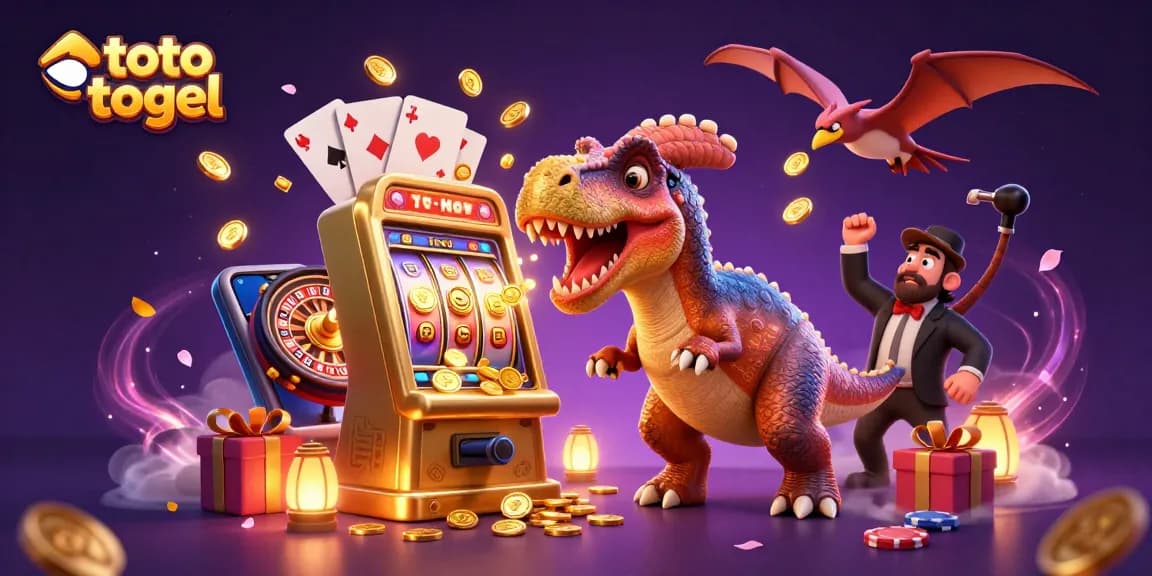 Experience the thrill of toto togel with a cartoon dinosaur winning at the slot machine.