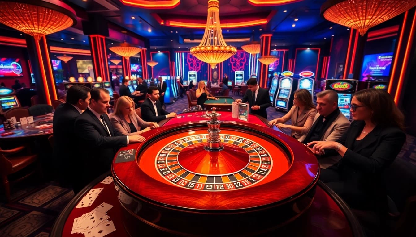Players thrillingly bet at a luxurious roulette table in a vibrant casino, showcasing go8 excitement.