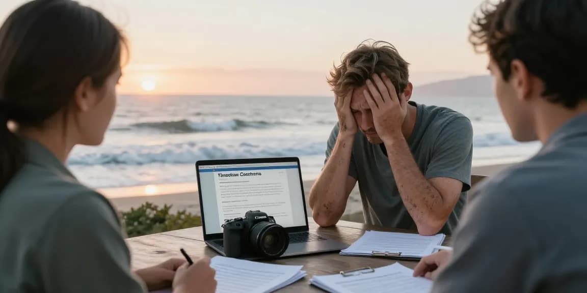 Homeowner relieved after consulting best timeshare exit companies on a scenic beach.