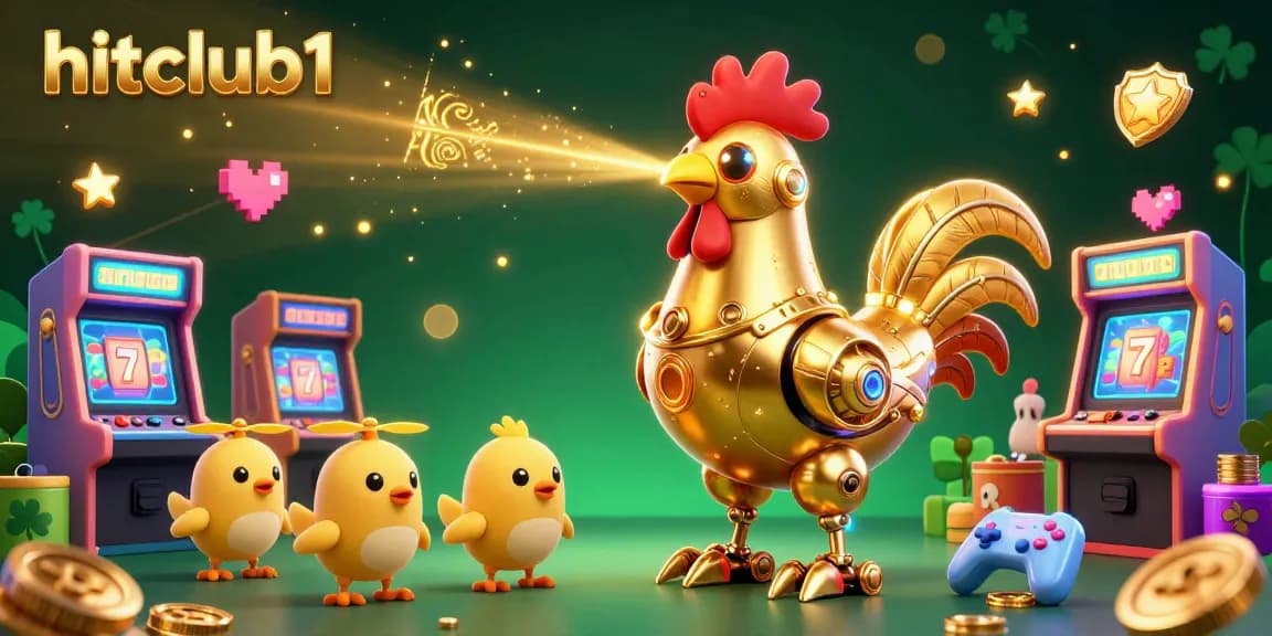 Engage in winning strategies at hitclub1 with a vibrant 3D casino illustration of a golden rooster robot surrounded by arcade games.