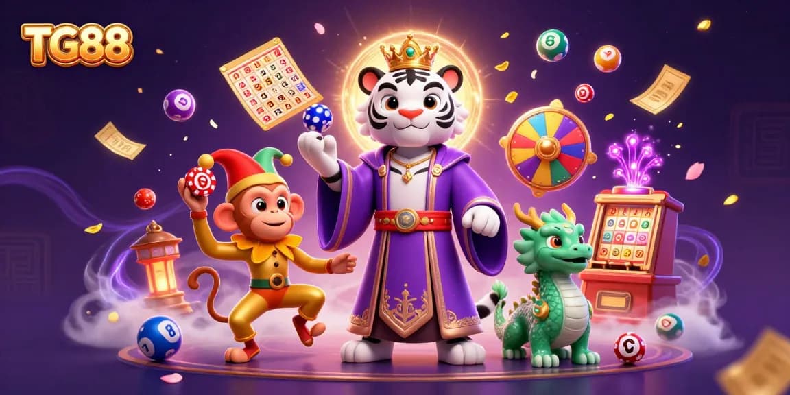 Experience thrilling gaming at TG88 with a playful monkey juggling poker chips and a majestic tiger.