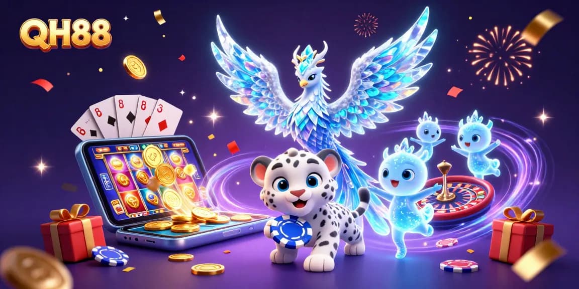 Experience the thrilling world of QH88 with a vibrant illustration showcasing dynamic casino elements.