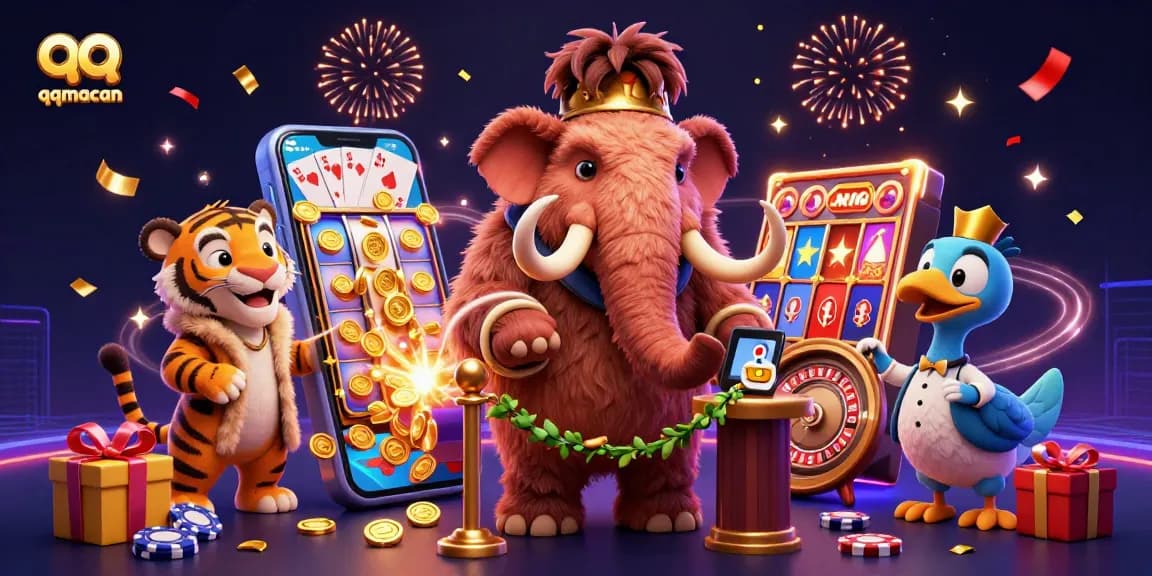 Engage with qqmacan's vibrant casino atmosphere featuring a woolly mammoth bouncer and slot games.