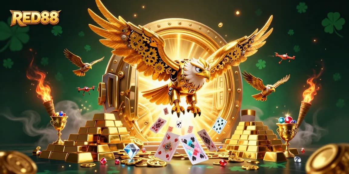 Experience the thrill of RED88 with a golden eagle diving through casino chaos.