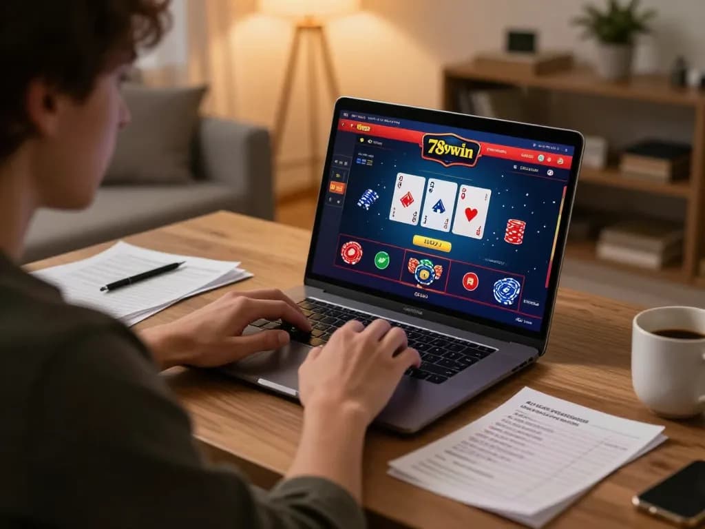Engaging in a strategic online game of 789 win at home, focused on laptop's gaming interface.