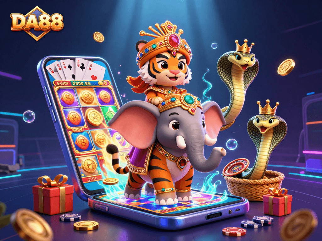Win exciting prizes with DA88's vibrant 3D casino-themed illustration showcasing engaging slot games.