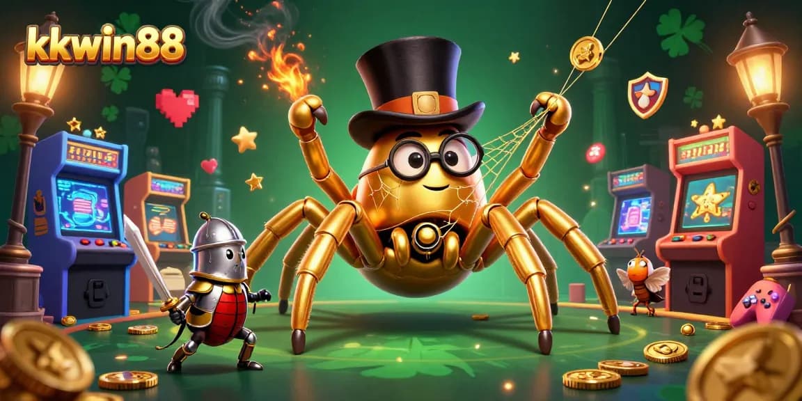 Engage with kkwin88's vibrant casino scene featuring a golden tarantula and beetle knight.