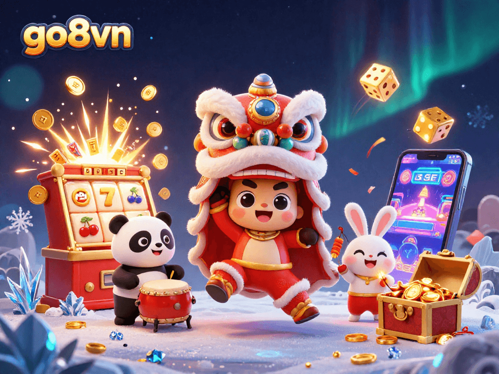 Join the excitement at go8vn with a vibrant 3D lion dance and casino elements; a thrilling gaming experience awaits.