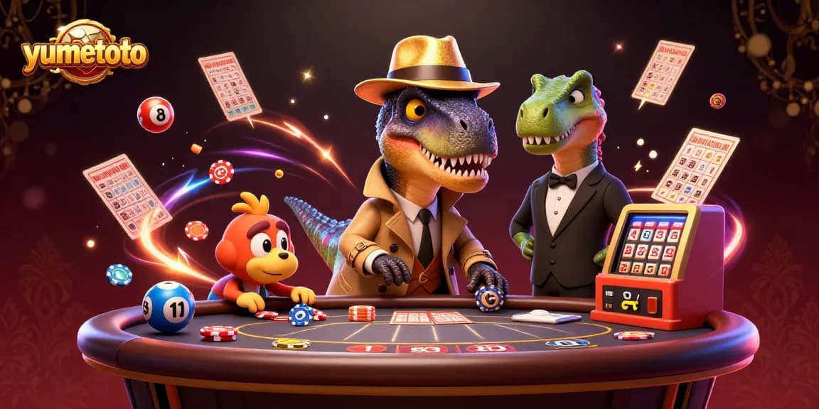 Experience thrilling lottery action with yumetoto as cartoon characters navigate in a dynamic gambling scene.