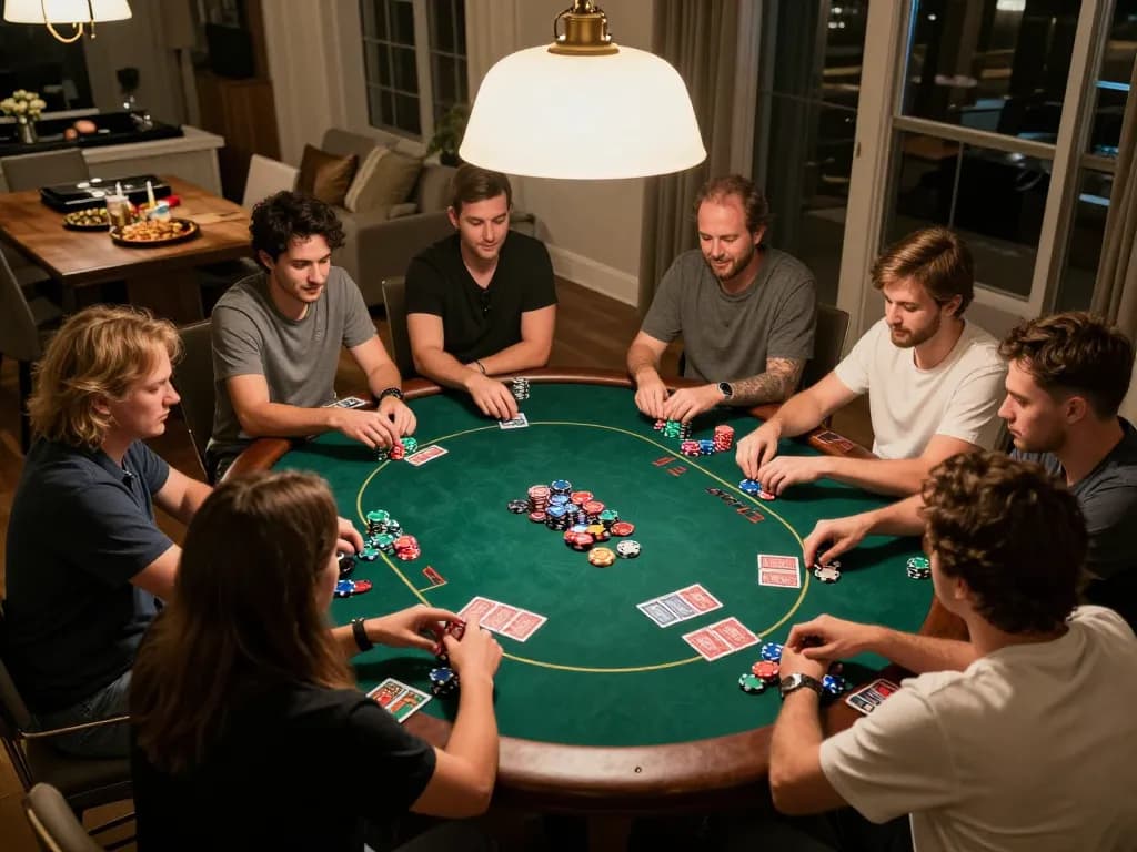 Friends enjoying a poker night, ensuring safety from 88vv lừa dảo while engaging in friendly competition