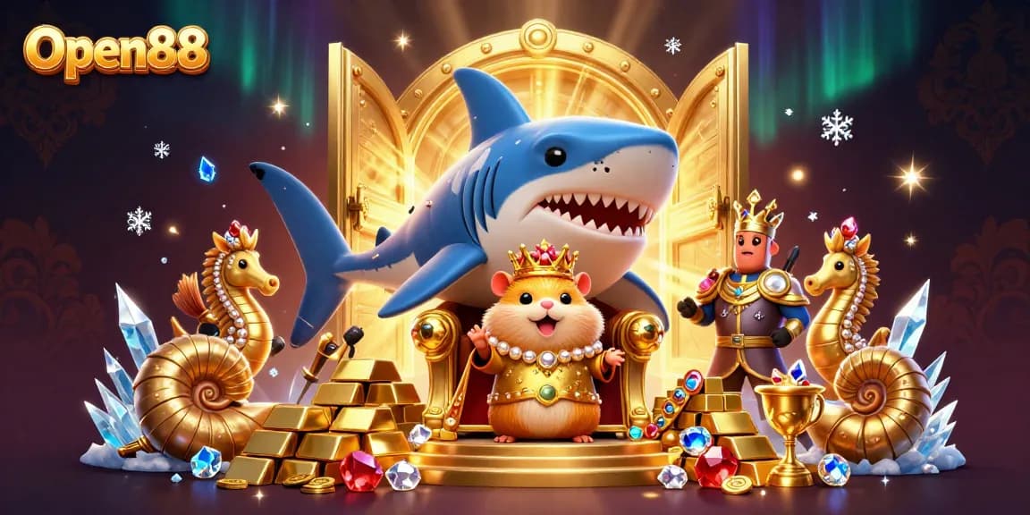Open88 offers exciting gaming opportunities with a unique throne scene featuring a hamster king and treasure.