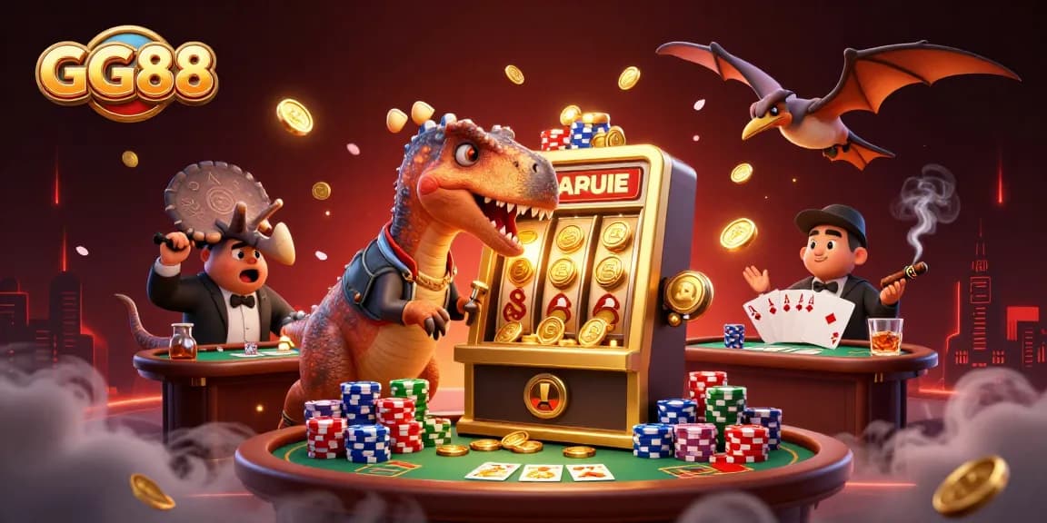 GG88 casino scene featuring dinosaurs interacting with slot machines and poker tables.