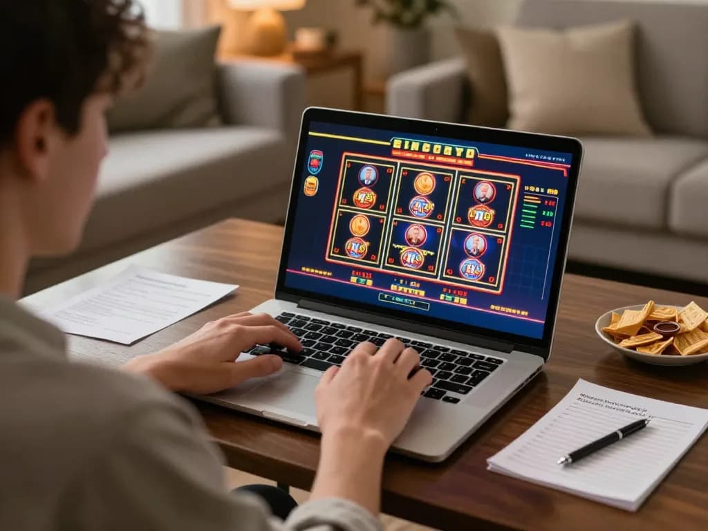 88xx player using laptop for online gaming in a cozy home setting, engaging in slots and live dealer action