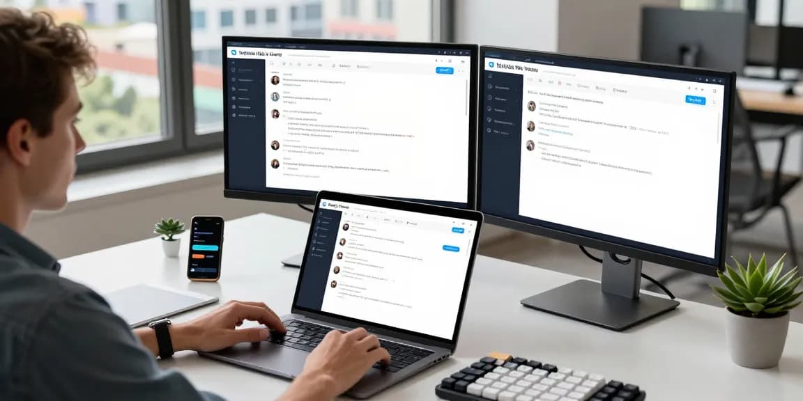 Engaging with the Telegram Web Version in a modern workspace setting with dynamic tech elements.