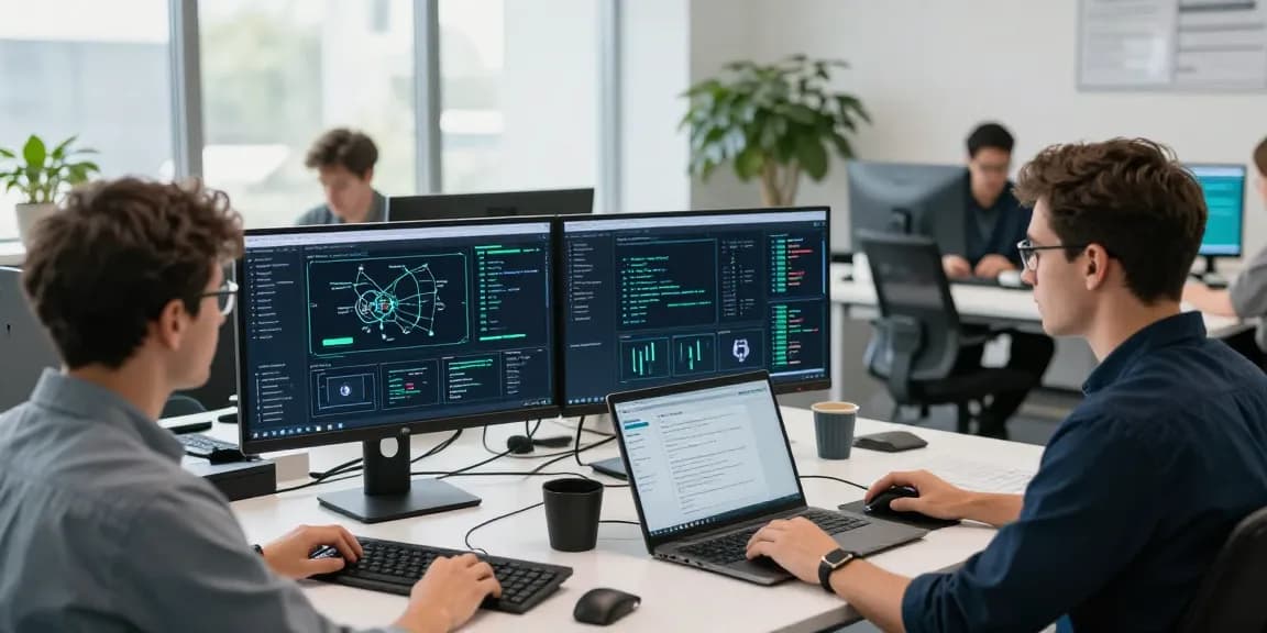 Cyber essentials managed service in action with cybersecurity experts analyzing compliance data in a modern office.