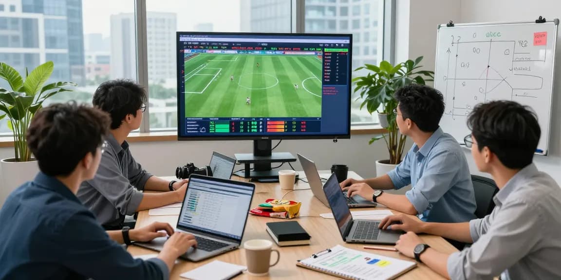 Soi kèo betting experts analyzing live football match data in a dynamic sports office environment.