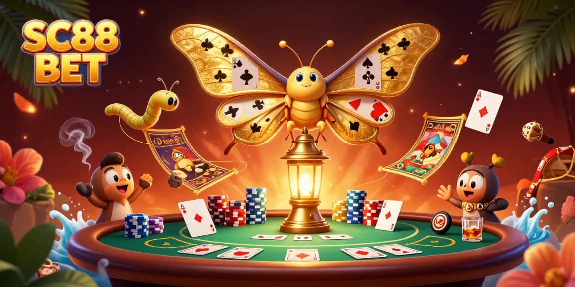 Engage in thrilling gameplay with SC88 BET as vibrant casino-themed elements surround a majestic moth.