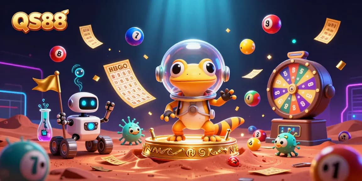 Experience thrilling wins at QS88 with a cartoon Martian gecko discovering a golden casino.
