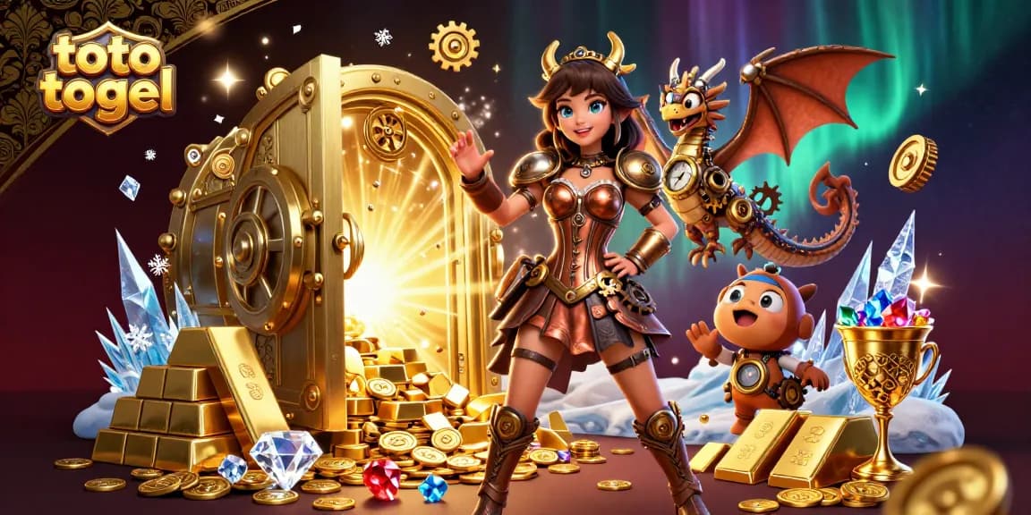 Toto togel resources showcase stunning visuals of a steampunk casino theme filled with treasures and vibrant colors.