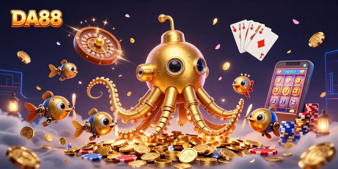 Engage in DA88 gaming adventures with a vibrant 3D kraken submarine amidst golden coins.