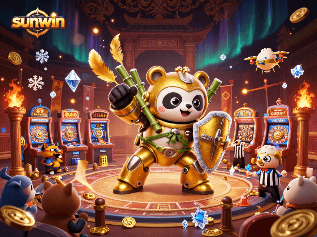 Experience sunwin's thrilling casino action with a mech-suit panda battling in a vibrant arena.