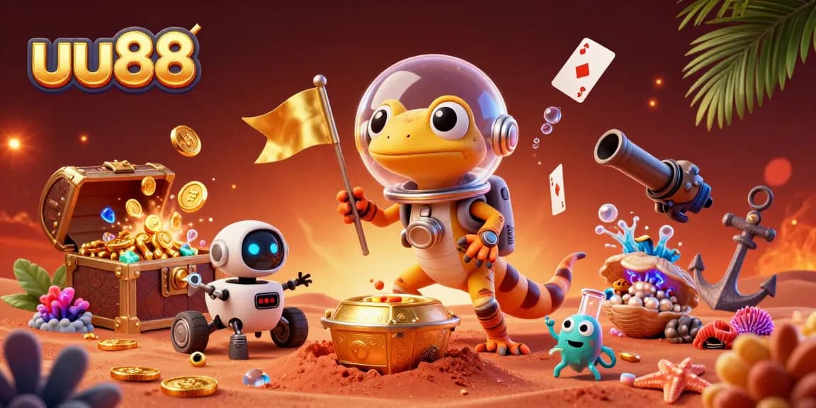 Experience thrilling gaming at uu88 with cartoon characters celebrating a treasure-filled casino.