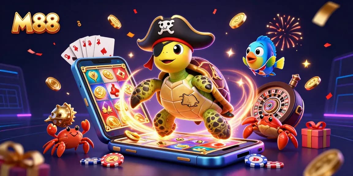 M 88 enhances casino excitement with a 3D pirate-themed scene showcasing vibrant slot games, treasures, and playful sea creatures.