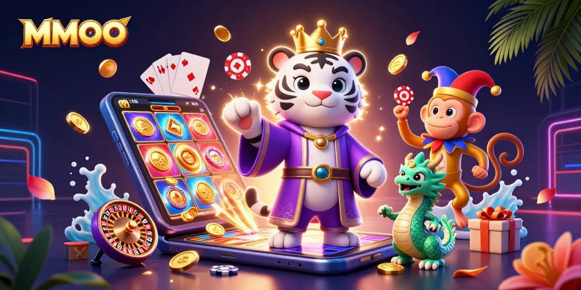 Engage with MMOO's vibrant casino scene featuring a playful monkey juggling poker chips amidst exciting gaming elements.