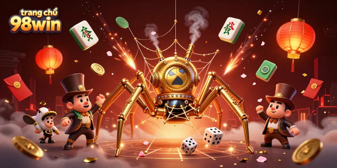 Engage with the vibrant world of trang chủ 98win, showcasing a cartoon spider and games like slots.