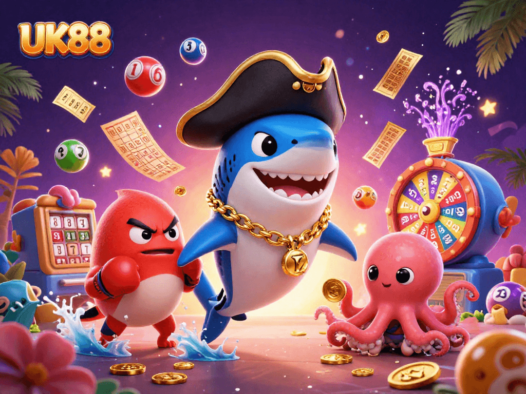 Win big with UK88 in a vibrant 3D casino scene filled with gold coins and celebration elements.