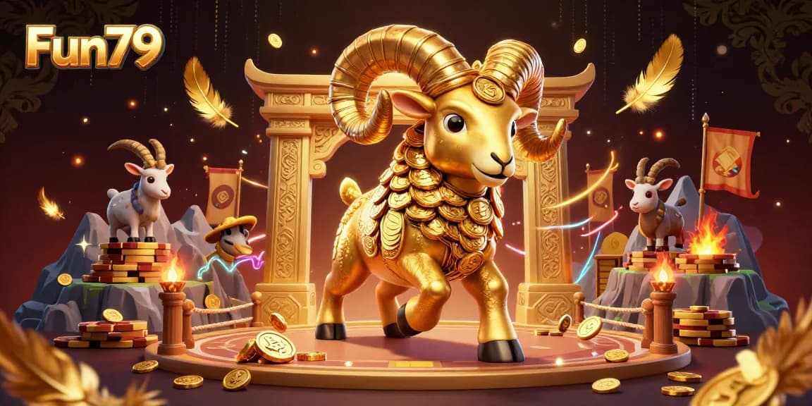 Fun79 showcases exhilarating casino action with a golden ram charging at a gate, surrounded by coins and festive elements.