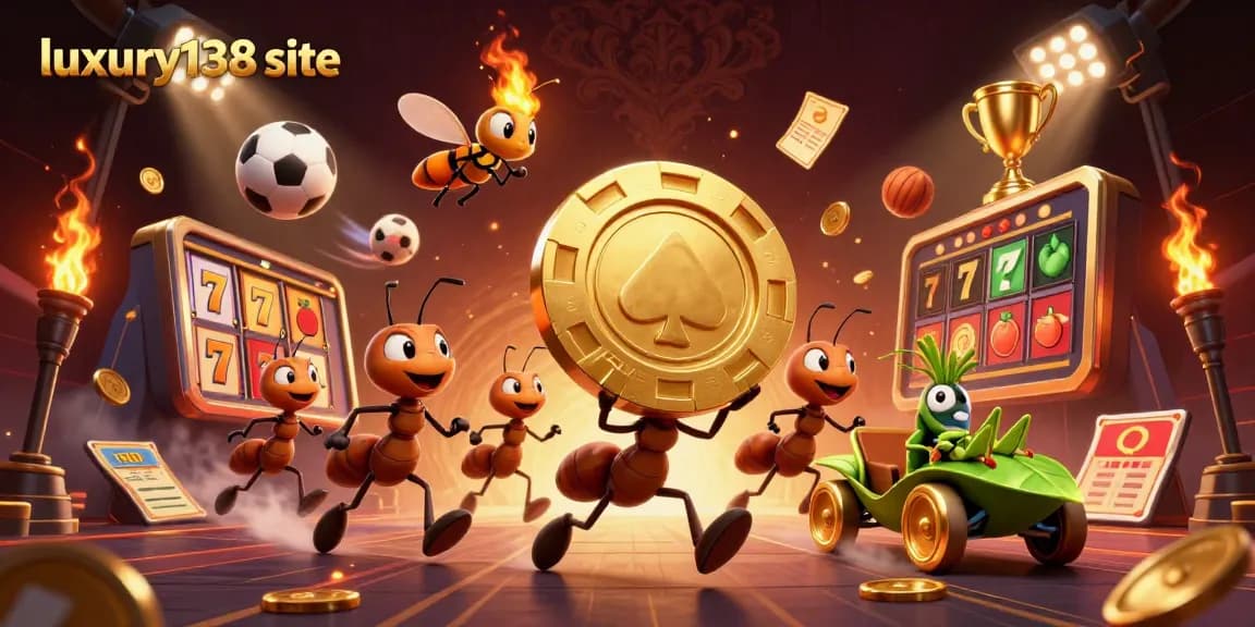 Engage with the luxury138 site, as ants orchestrate a heist with a giant poker chip, set against vibrant casino elements.