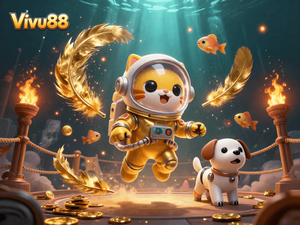 Join the excitement of Vivu88 with a thrilling cat and robot dog combo in a dynamic casino space!