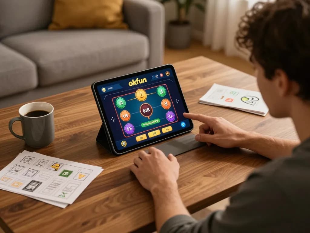 Engaged player enjoys okfun online casino games on tablet in a cozy home setting