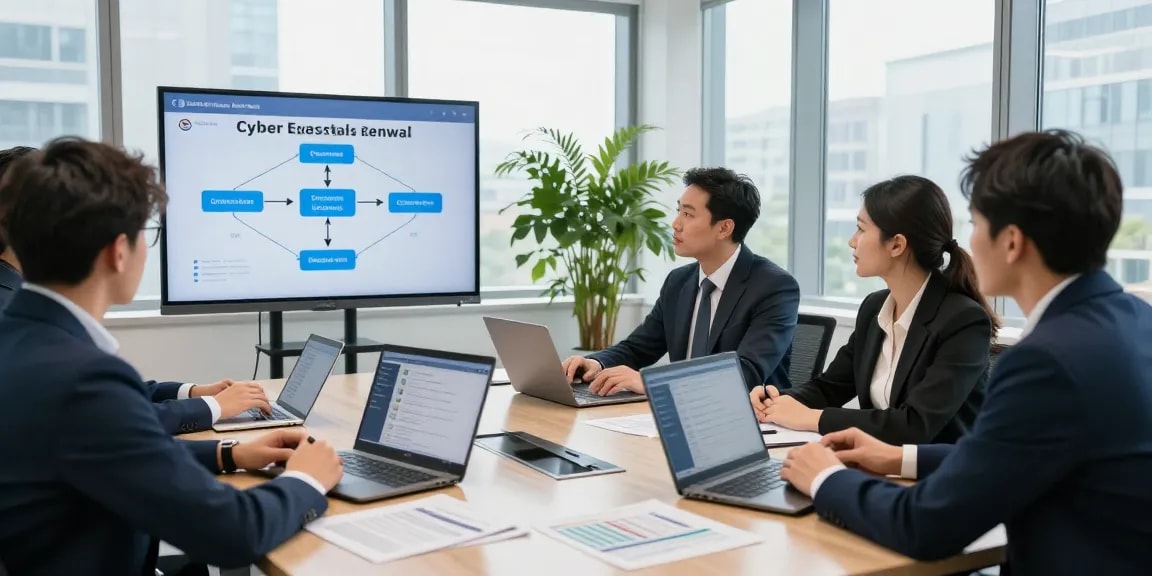 Team discussing cyber essentials renewal strategies in modern office.