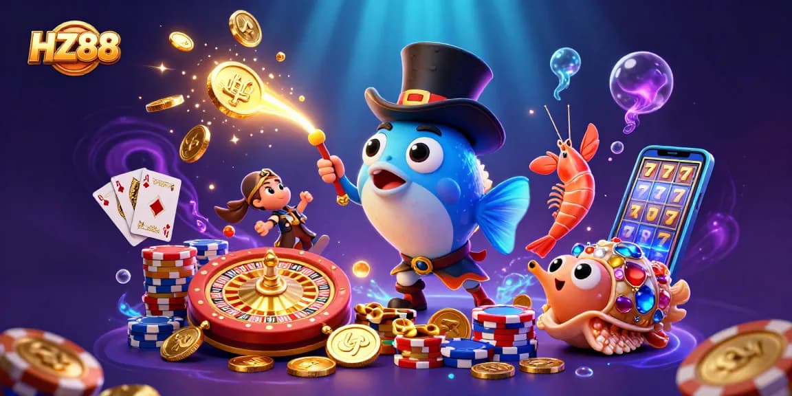 Spin the wheel of fortune with HZ88's vibrant 3D casino scene featuring lucky treasures!