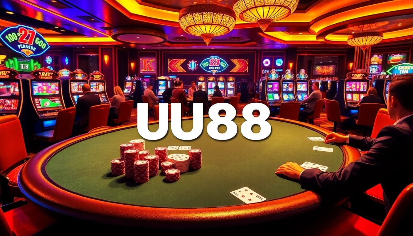 Players engaging in thrilling gameplay at UU88's luxurious casino table with vibrant slot machines.